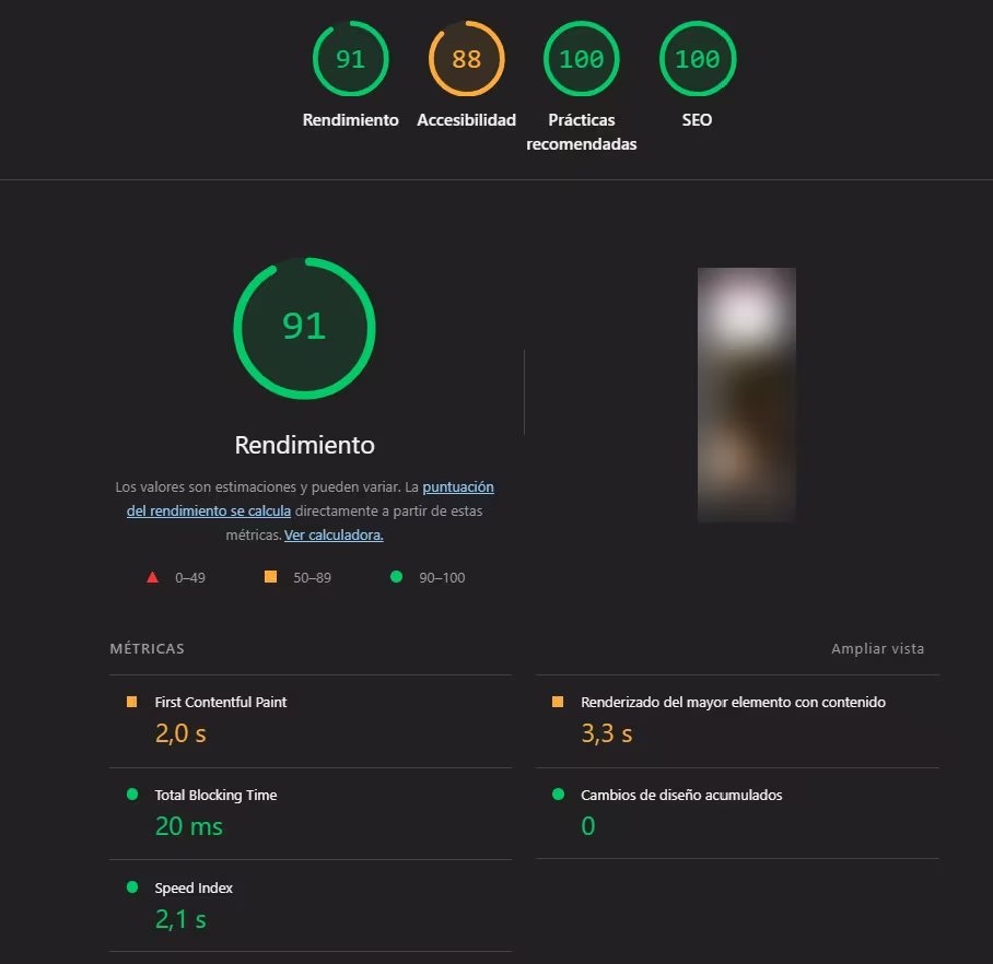 Captura de PageSpeed Insights después de la optimización: rendimiento móvil 91, CLS 0, TBT 20ms