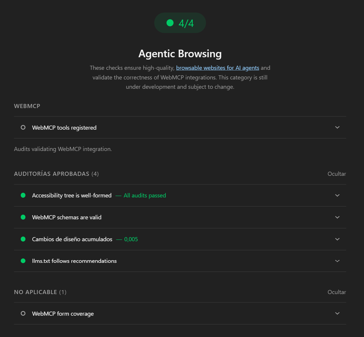 Auditoría de Lighthouse local: 4 de 4 en Agentic Browsing, con WebMCP tools registered y WebMCP schemas are valid en verde