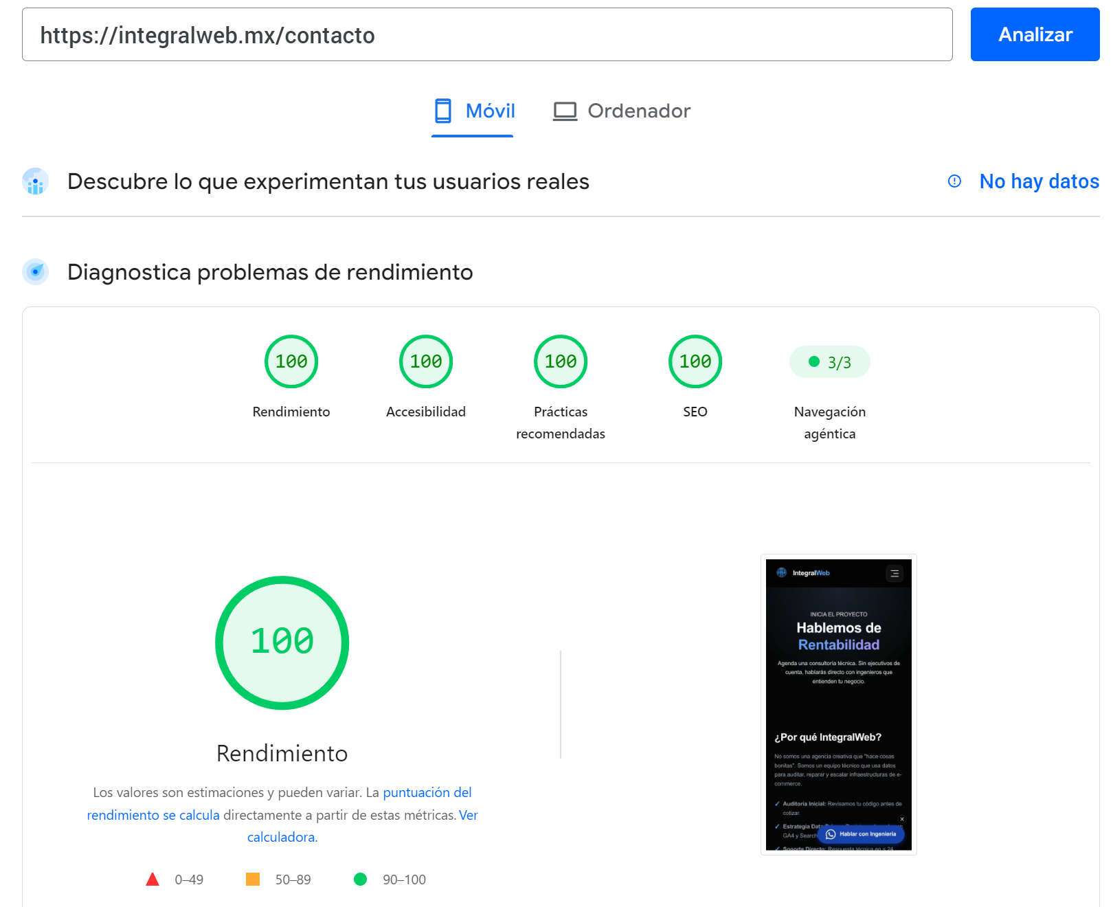 Auditoría de PageSpeed Insights de integralweb.mx: 100 en Rendimiento, Accesibilidad, Prácticas recomendadas y SEO, más 3 de 3 en Navegación agéntica